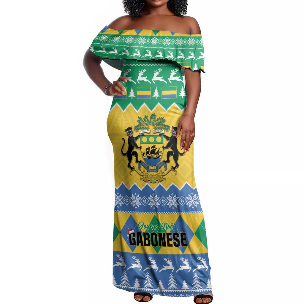 Afro Gabon Christmas Off Shoulder Maxi Dress Joyeux Noel Coat Of Arms - African Pattern