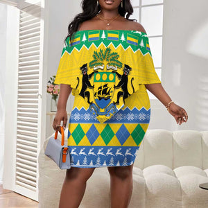 Afro Gabon Christmas Off Shoulder Short Dress Joyeux Noel Coat Of Arms - African Pattern