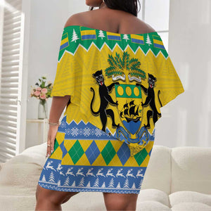 Afro Gabon Christmas Off Shoulder Short Dress Joyeux Noel Coat Of Arms - African Pattern