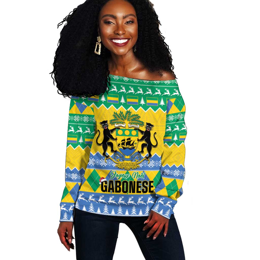 Afro Gabon Christmas Off Shoulder Sweater Joyeux Noel Coat Of Arms - African Pattern