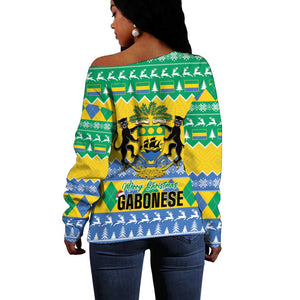 Afro Gabon Christmas Off Shoulder Sweater Joyeux Noel Coat Of Arms - African Pattern