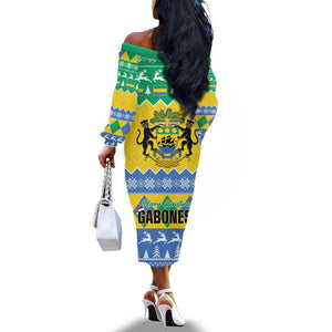 Afro Gabon Christmas Off The Shoulder Long Sleeve Dress Joyeux Noel Coat Of Arms - African Pattern