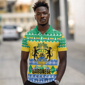 Afro Gabon Christmas Polo Shirt Joyeux Noel Coat Of Arms - African Pattern