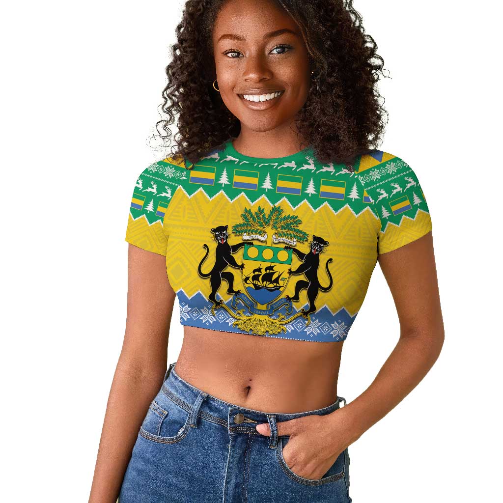 Afro Gabon Christmas Raglan Cropped T shirt Joyeux Noel Coat Of Arms - African Pattern