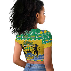 Afro Gabon Christmas Raglan Cropped T shirt Joyeux Noel Coat Of Arms - African Pattern