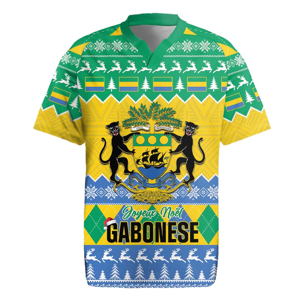 Afro Gabon Christmas Rugby Jersey Joyeux Noel Coat Of Arms - African Pattern