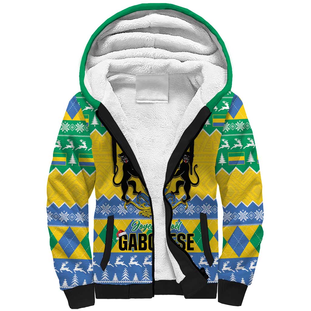 Afro Gabon Christmas Sherpa Hoodie Joyeux Noel Coat Of Arms - African Pattern