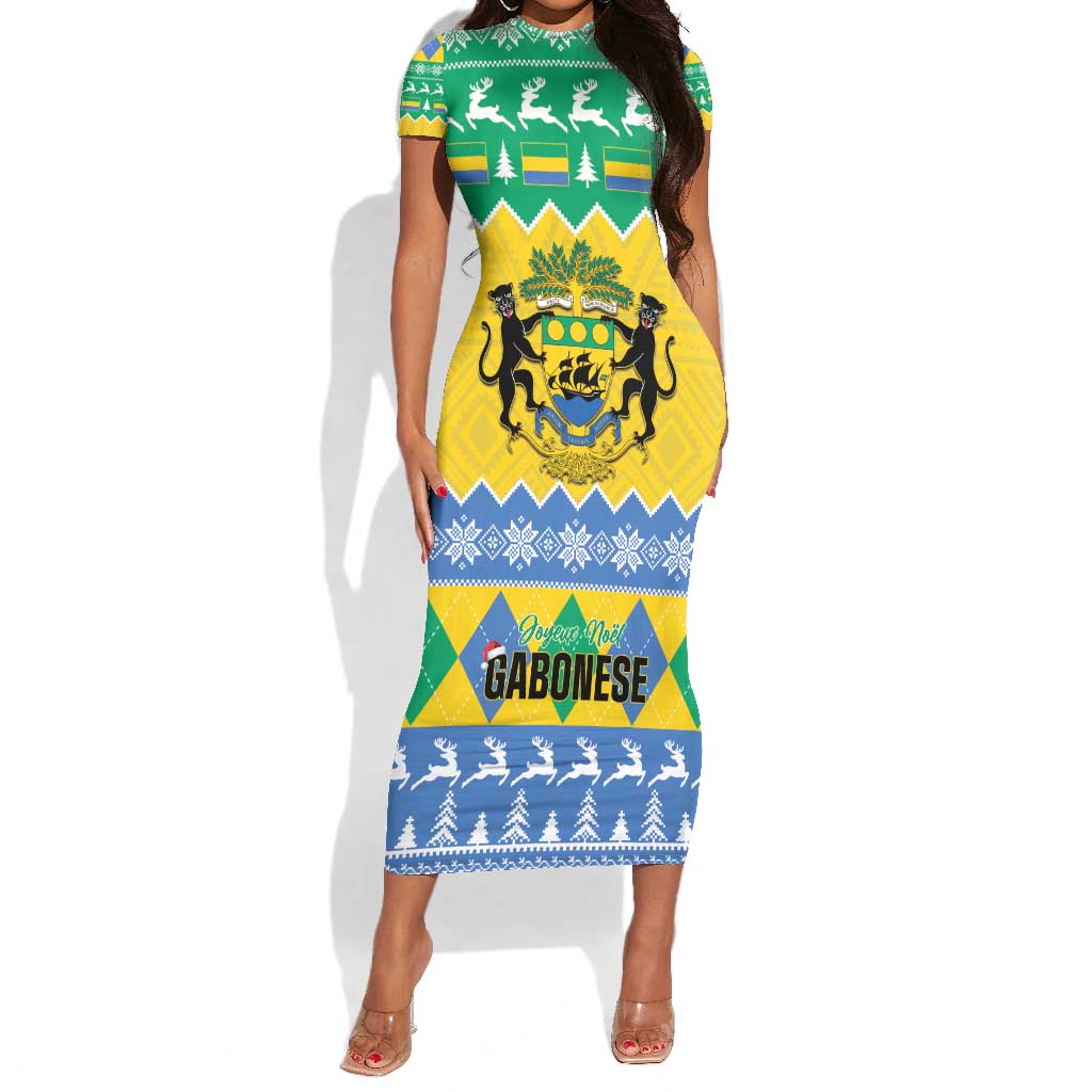 Afro Gabon Christmas Short Sleeve Bodycon Dress Joyeux Noel Coat Of Arms - African Pattern