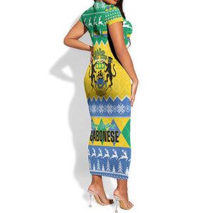 Afro Gabon Christmas Short Sleeve Bodycon Dress Joyeux Noel Coat Of Arms - African Pattern