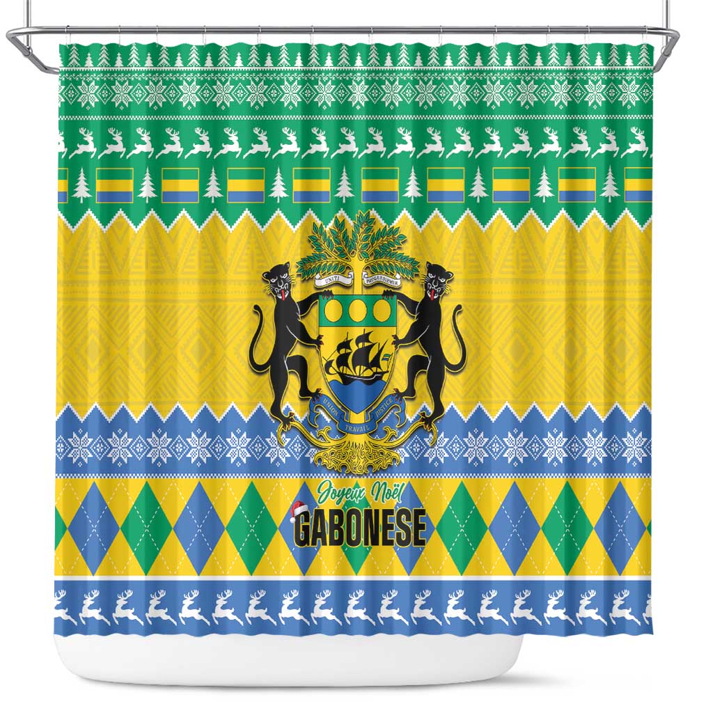 Afro Gabon Christmas Shower Curtain Joyeux Noel Coat Of Arms - African Pattern