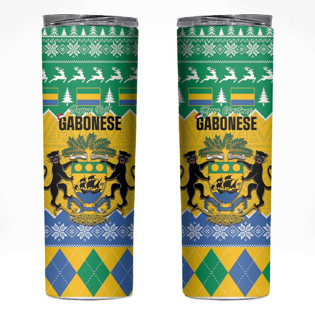 Afro Gabon Christmas Skinny Tumbler Joyeux Noel Coat Of Arms - African Pattern