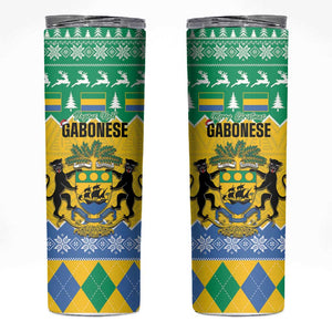 Afro Gabon Christmas Skinny Tumbler Joyeux Noel Coat Of Arms - African Pattern