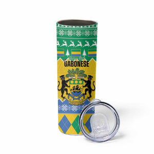 Afro Gabon Christmas Skinny Tumbler Joyeux Noel Coat Of Arms - African Pattern