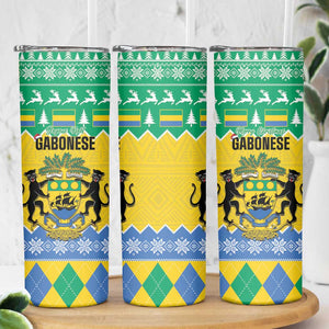 Afro Gabon Christmas Skinny Tumbler Joyeux Noel Coat Of Arms - African Pattern