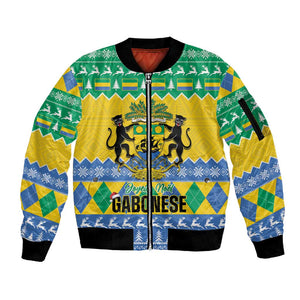 Afro Gabon Christmas Sleeve Zip Bomber Jacket Joyeux Noel Coat Of Arms - African Pattern