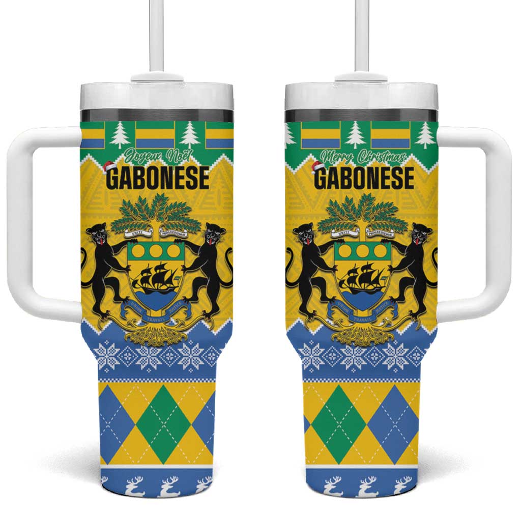 Afro Gabon Christmas Tumbler With Handle Joyeux Noel Coat Of Arms - African Pattern