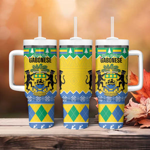 Afro Gabon Christmas Tumbler With Handle Joyeux Noel Coat Of Arms - African Pattern