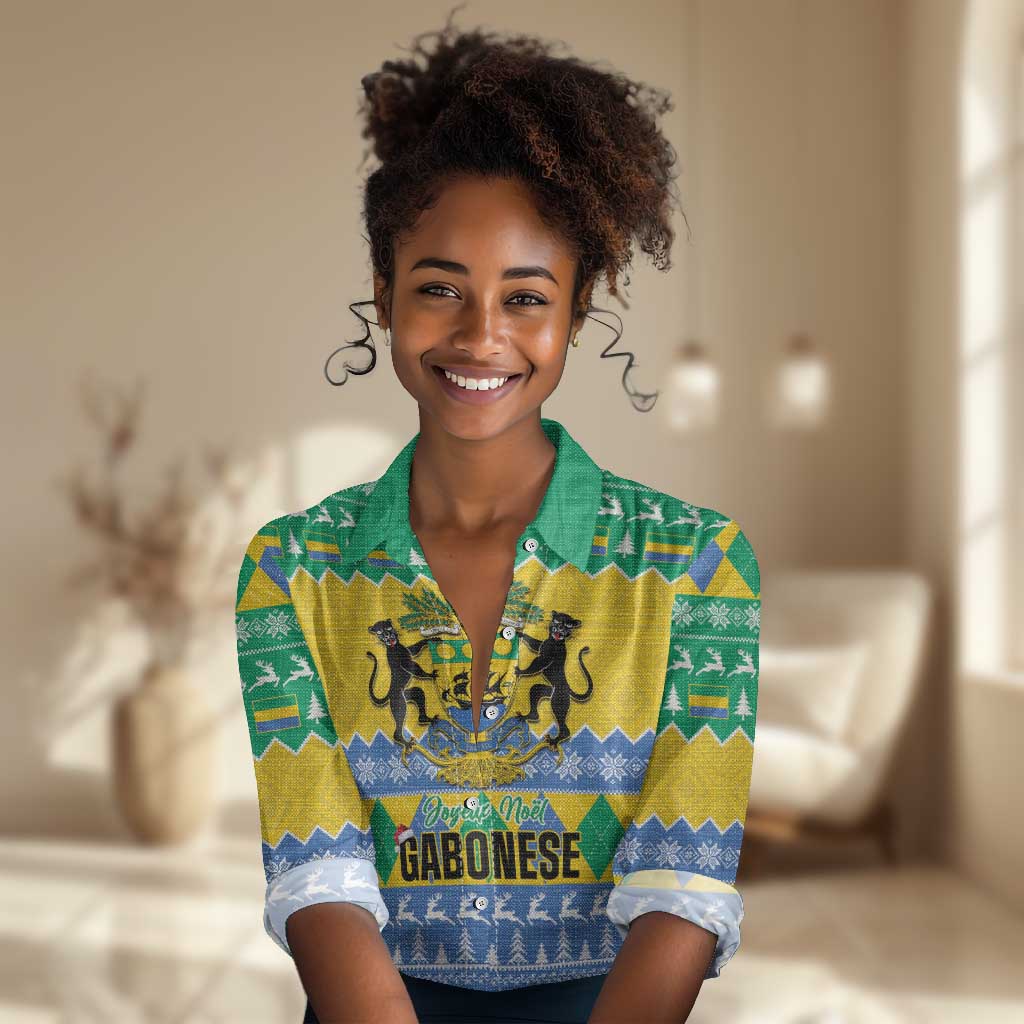 Afro Gabon Christmas Women Casual Shirt Joyeux Noel Coat Of Arms - African Pattern