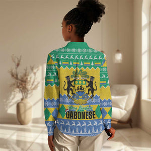 Afro Gabon Christmas Women Casual Shirt Joyeux Noel Coat Of Arms - African Pattern