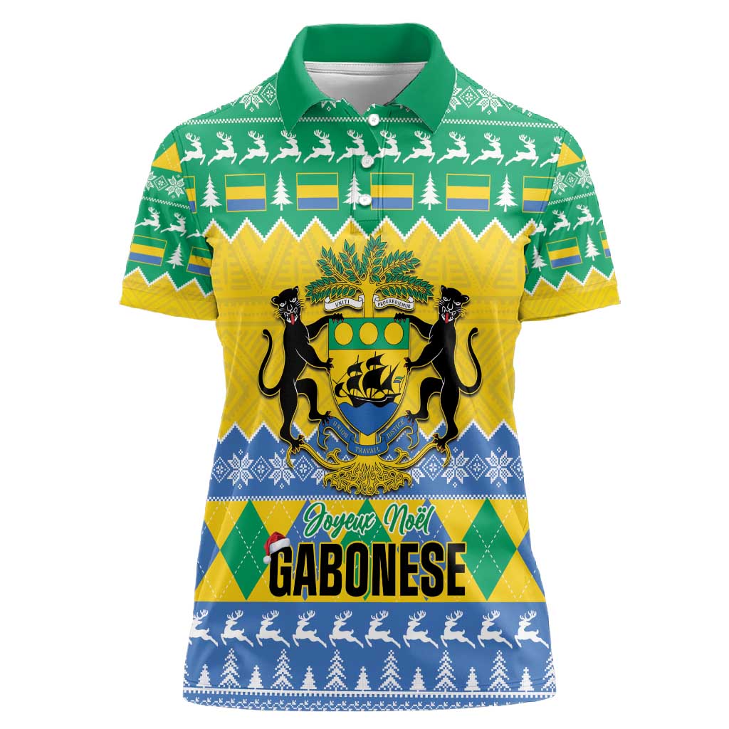 Afro Gabon Christmas Women Polo Shirt Joyeux Noel Coat Of Arms - African Pattern