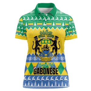 Afro Gabon Christmas Women Polo Shirt Joyeux Noel Coat Of Arms - African Pattern