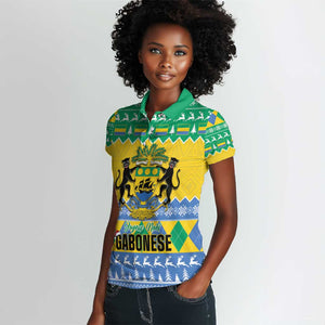 Afro Gabon Christmas Women Polo Shirt Joyeux Noel Coat Of Arms - African Pattern