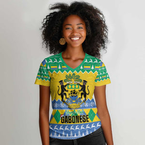 Afro Gabon Christmas Women V-Neck T-Shirt Joyeux Noel Coat Of Arms - African Pattern