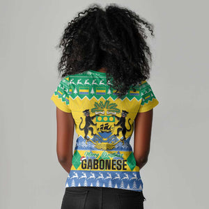 Afro Gabon Christmas Women V-Neck T-Shirt Joyeux Noel Coat Of Arms - African Pattern