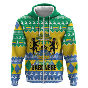 Afro Gabon Christmas Zip Hoodie Joyeux Noel Coat Of Arms - African Pattern