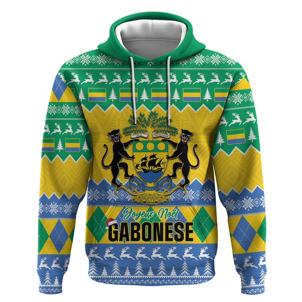 Afro Gabon Christmas Zip Hoodie Joyeux Noel Coat Of Arms - African Pattern