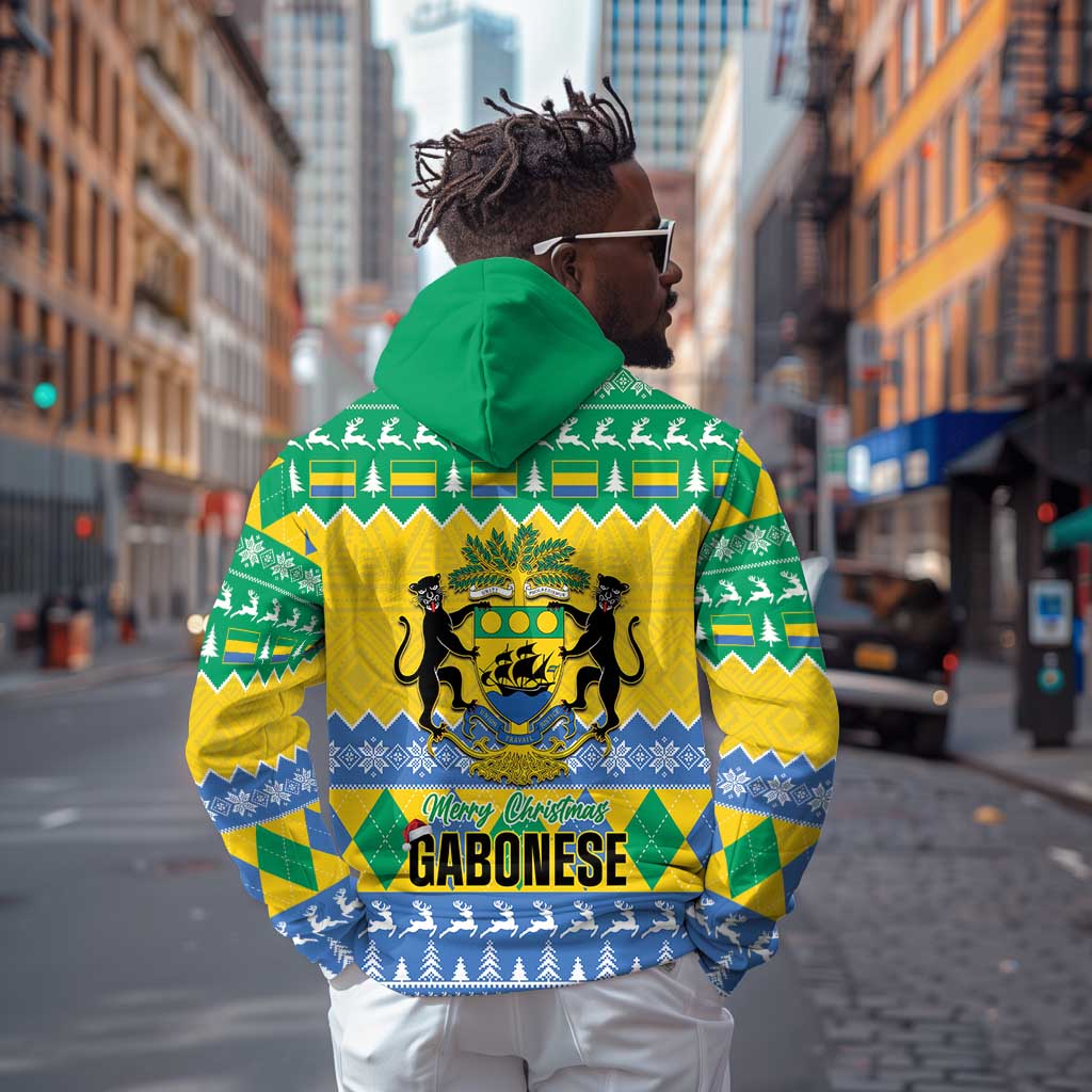 Afro Gabon Christmas Zip Hoodie Joyeux Noel Coat Of Arms - African Pattern