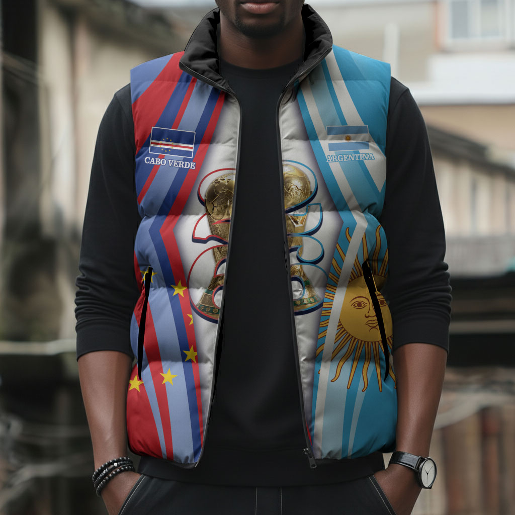 Custom Argentina and Cabo Verde Football 2026 Sleeveless Puffer Jacket La Albiceleste Tubaroes Azuis Together