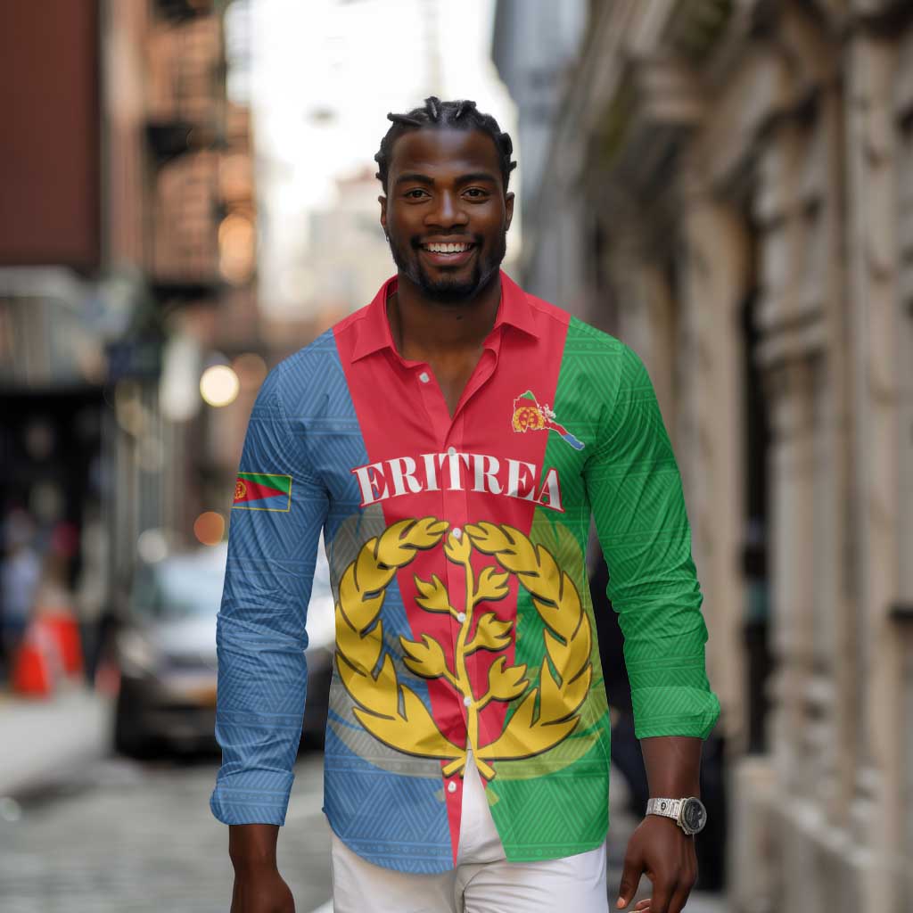 Personalised Eritrea Long Sleeve Button Shirt Eritrean Map Mix African Pattern Simple Style