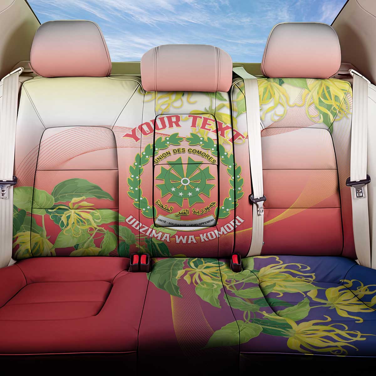 Personalized Comoros Back Car Seat Cover Coat Of Arms Mix Ylang Ylang Flower