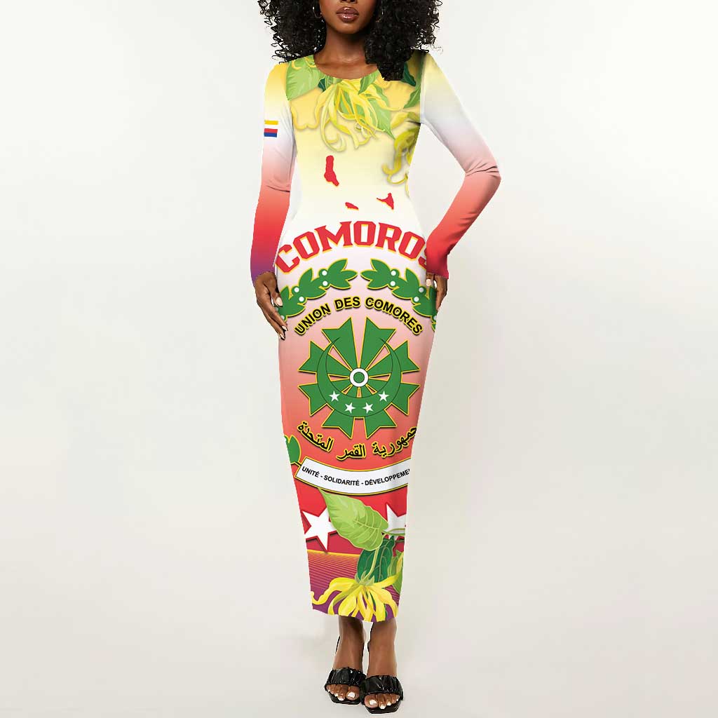 Personalized Comoros Long Sleeve Bodycon Dress Coat Of Arms Mix Ylang Ylang Flower