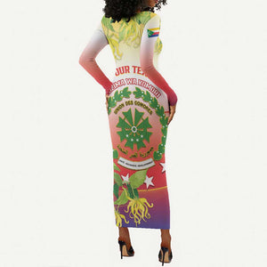 Personalized Comoros Long Sleeve Bodycon Dress Coat Of Arms Mix Ylang Ylang Flower