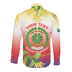 Personalized Comoros Long Sleeve Button Shirt Coat Of Arms Mix Ylang Ylang Flower