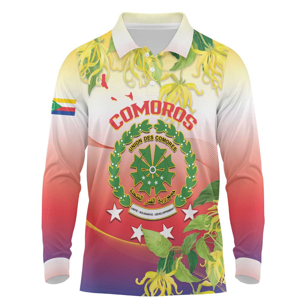 Personalized Comoros Long Sleeve Polo Shirt Coat Of Arms Mix Ylang Ylang Flower