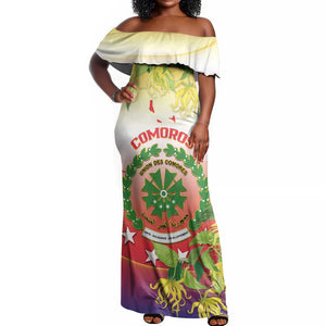 Personalized Comoros Off Shoulder Maxi Dress Coat Of Arms Mix Ylang Ylang Flower