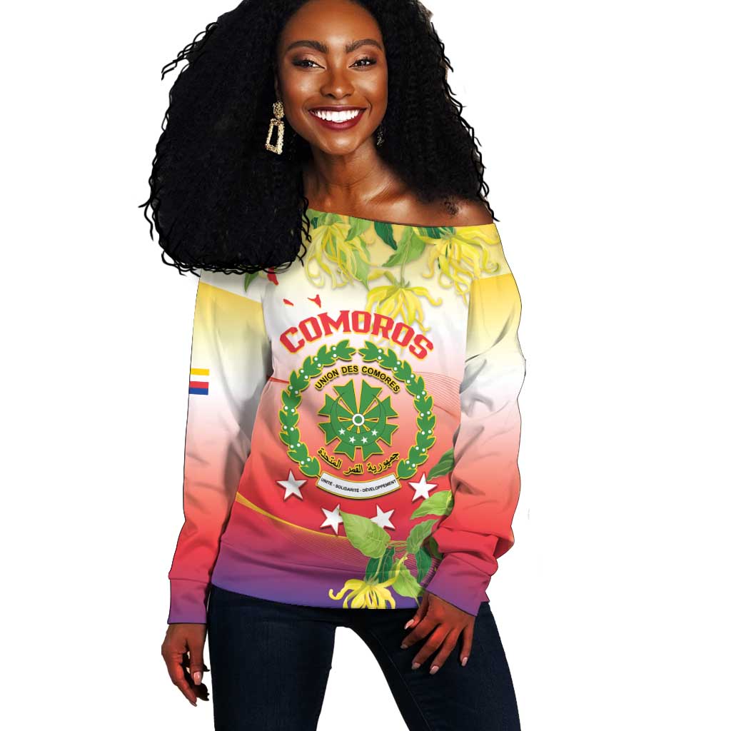 Personalized Comoros Off Shoulder Sweater Coat Of Arms Mix Ylang Ylang Flower