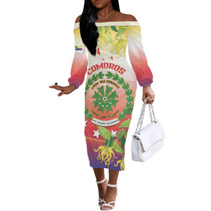 Personalized Comoros Off The Shoulder Long Sleeve Dress Coat Of Arms Mix Ylang Ylang Flower