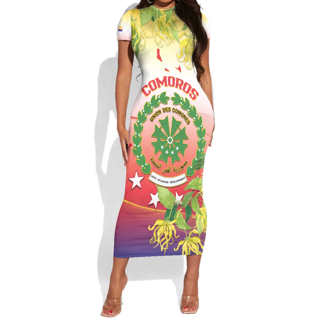 Personalized Comoros Short Sleeve Bodycon Dress Coat Of Arms Mix Ylang Ylang Flower