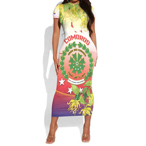 Personalized Comoros Short Sleeve Bodycon Dress Coat Of Arms Mix Ylang Ylang Flower