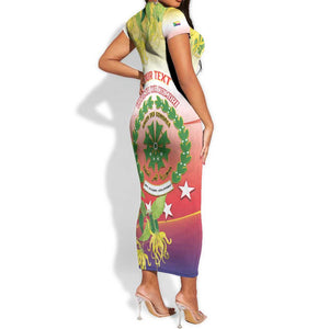 Personalized Comoros Short Sleeve Bodycon Dress Coat Of Arms Mix Ylang Ylang Flower