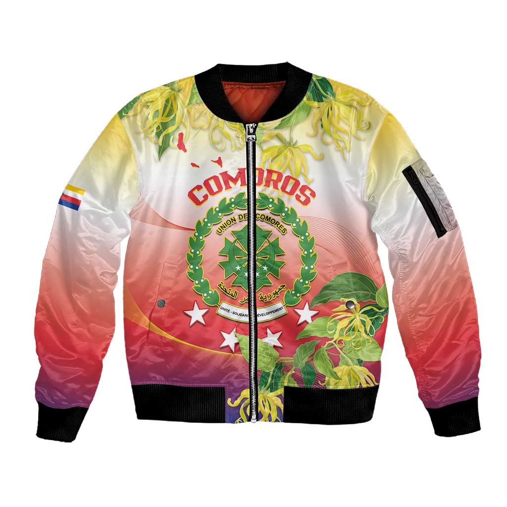 Personalized Comoros Sleeve Zip Bomber Jacket Coat Of Arms Mix Ylang Ylang Flower