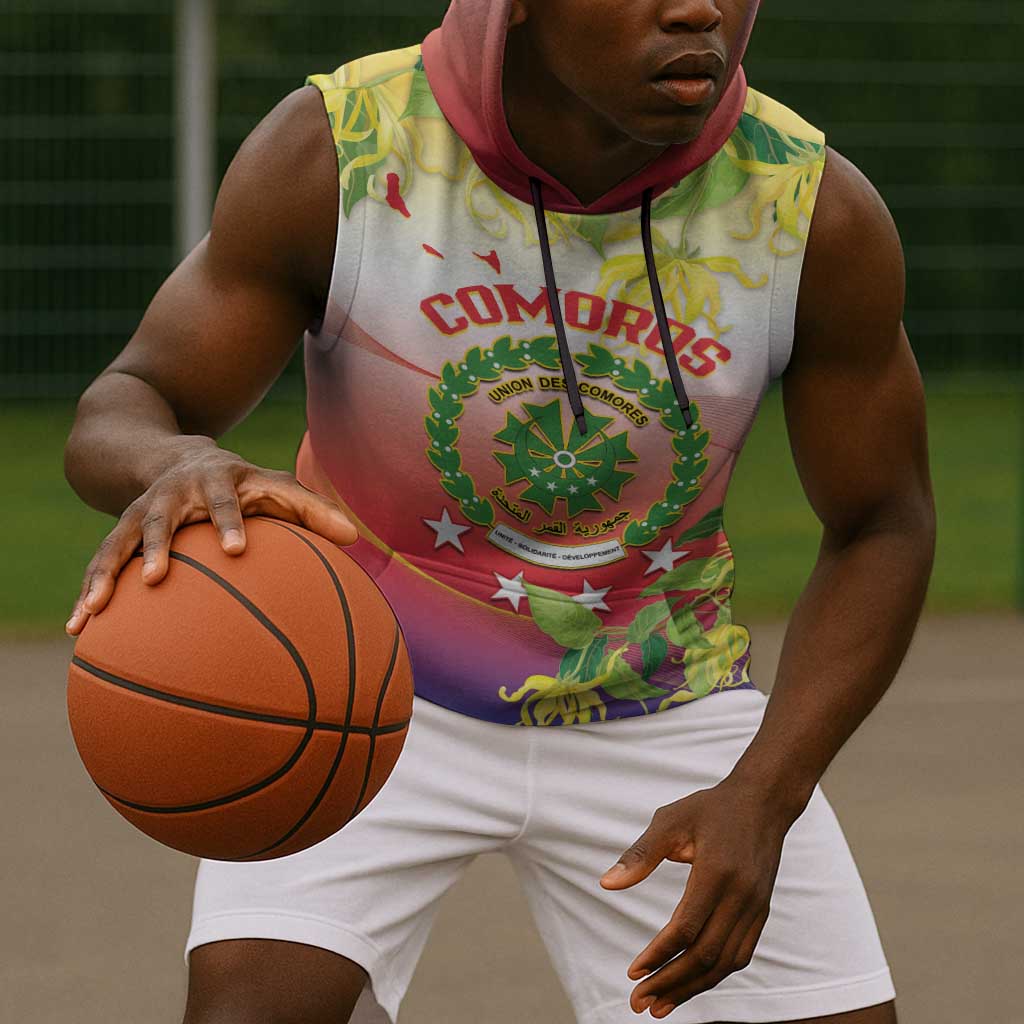 Personalized Comoros Sleeveless Hoodie Coat Of Arms Mix Ylang Ylang Flower - African Pride