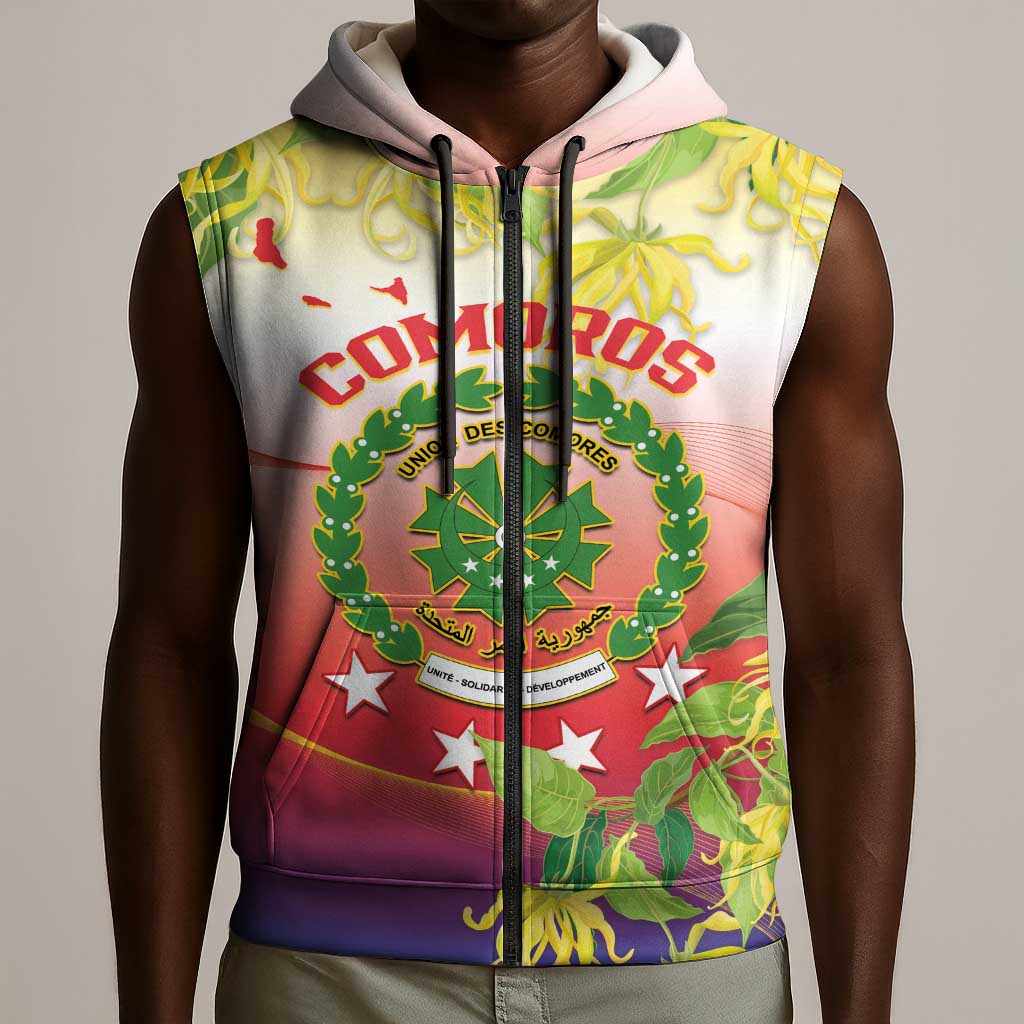Personalized Comoros Sleeveless Zip Hoodie Coat Of Arms Mix Ylang Ylang Flower - African Pride