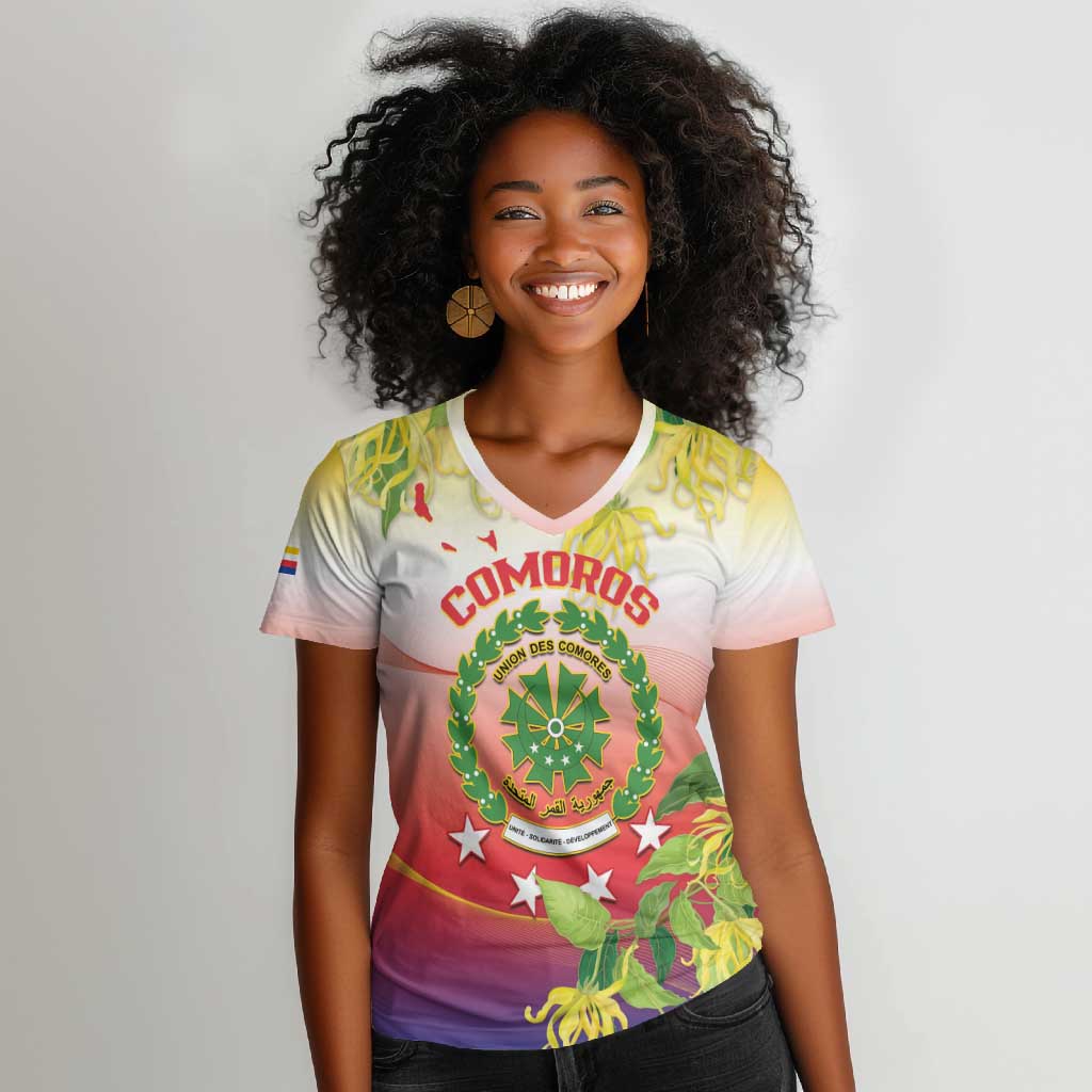 Personalized Comoros Women V-Neck T-Shirt Coat Of Arms Mix Ylang Ylang Flower