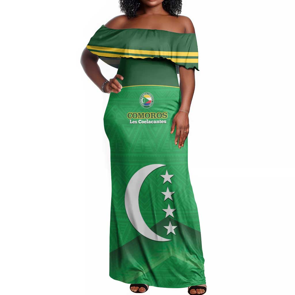 Custom Comoros Football Off Shoulder Maxi Dress Allez Les Coelacantes