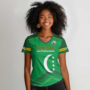 Custom Comoros Football Women V-Neck T-Shirt Allez Les Coelacantes